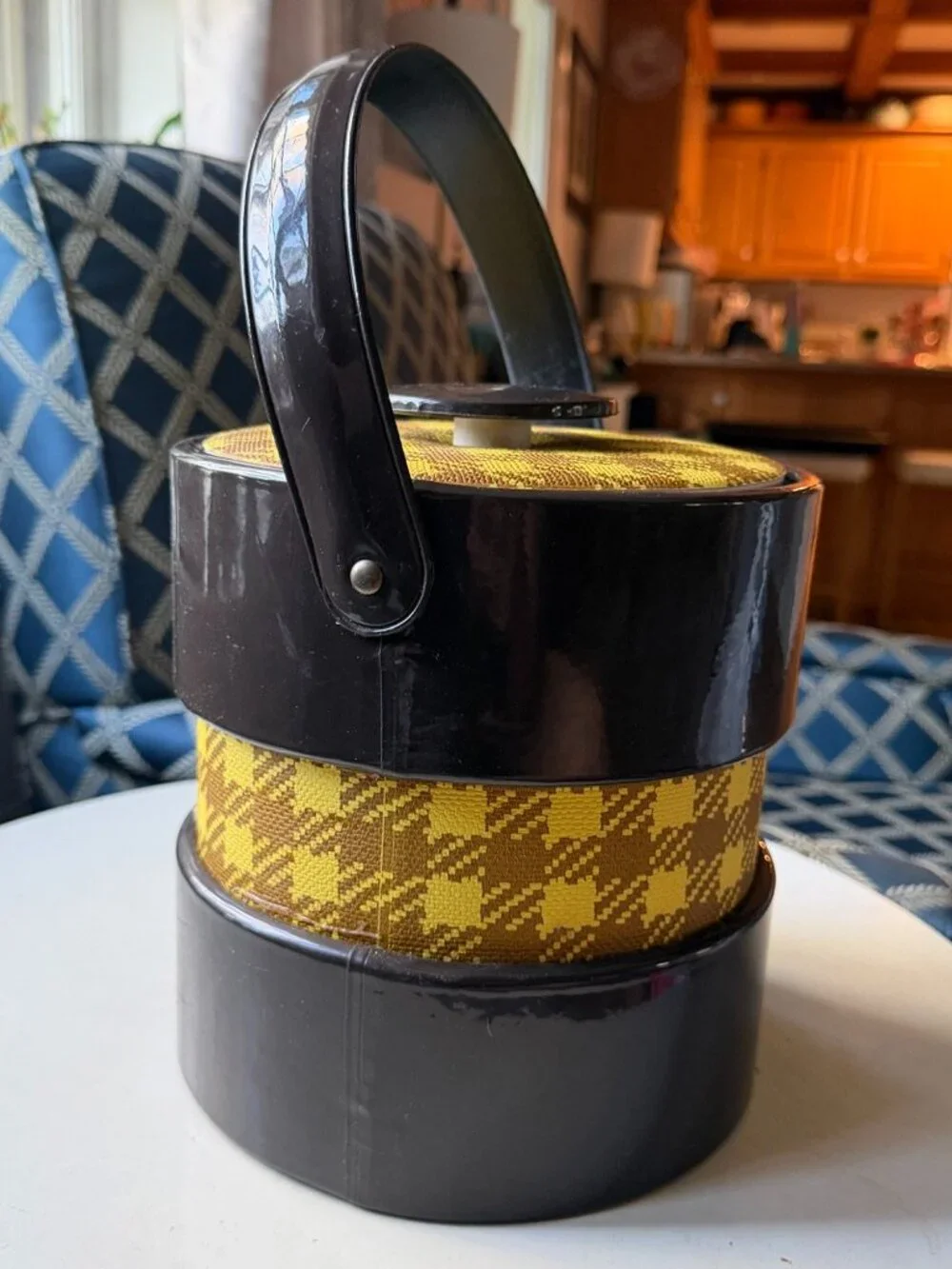 Vintage Retro brown & yellow houndstooth plaid mid century modern ice bucket